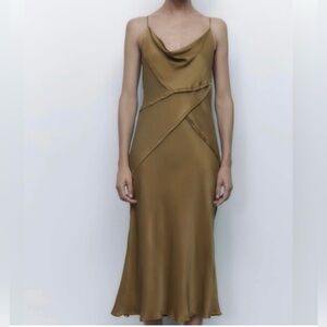 Sincerely Jules Satin Gold Bronze/Olive Slip Dress with Cowl Neck